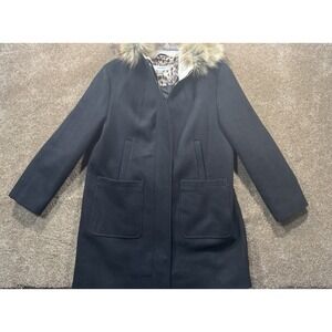Nine‎ West Women's Black Wool-Blend Coat XL - Faux Fur Lined Hood - Warm NICE!